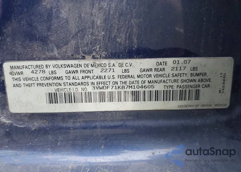 2007 Volkswagen Jetta 2.5 из США, поврежденный, VIN 3VWDF71K87M104605